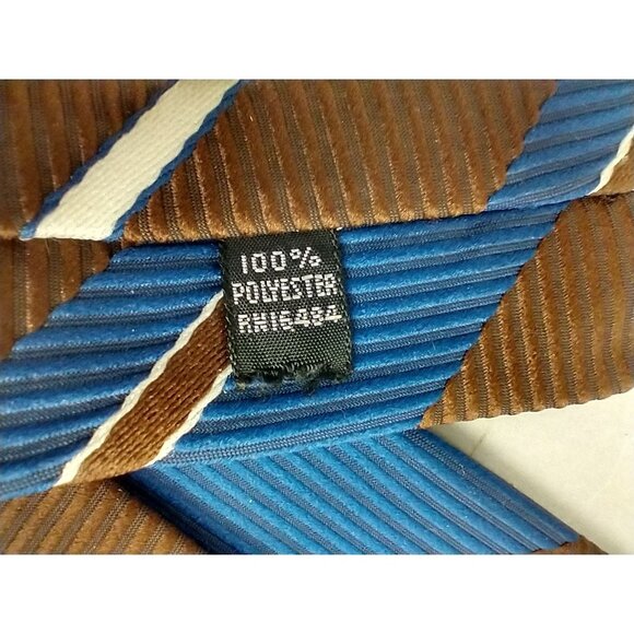 VTG Sears Mens Store Tie 100% Polyester Brown Navy Repp Stripe 54"x4" USA - Picture 4 of 7